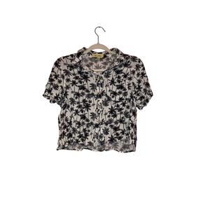 Love Notes Palm Tree Button Front Cropped Top Black White Rayon Medium